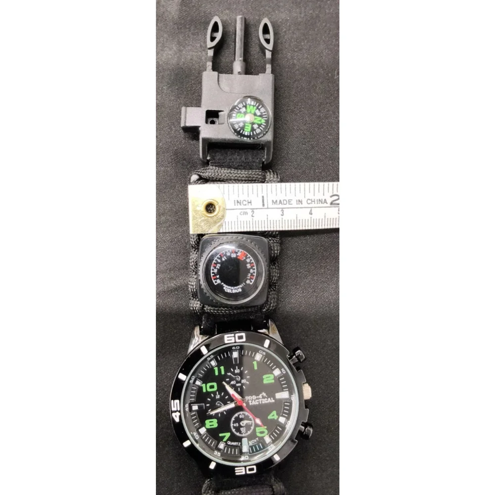 Pro-4 Tactical Survival Watch Paracord Whistle Compass Fire Starter Black #W5143